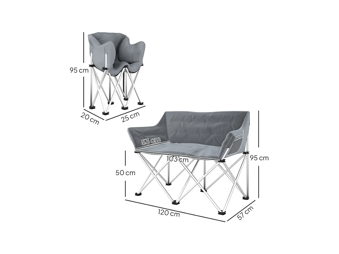 Silla plegable de 2 plazas con reposabrazos y bolsillos laterales, de metal y tela Oxford 600D, color gris, para jardín y camping (120x57x95cm)