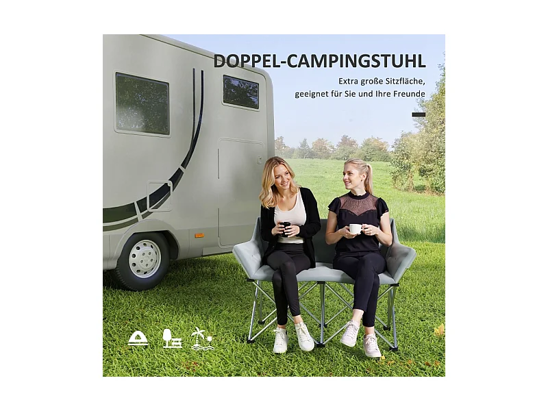 Silla plegable de 2 plazas con reposabrazos y bolsillos laterales, de metal y tela Oxford 600D, color gris, para jardín y camping (120x57x95cm)