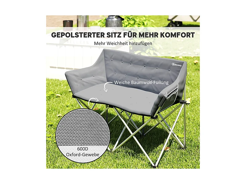 Silla plegable de 2 plazas con reposabrazos y bolsillos laterales, de metal y tela Oxford 600D, color gris, para jardín y camping (120x57x95cm)