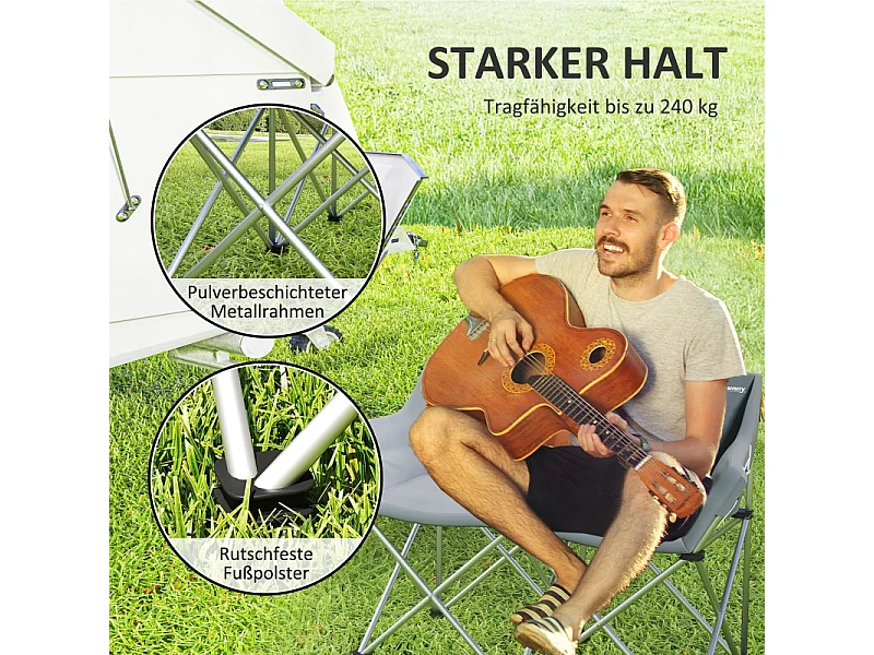 Silla plegable de 2 plazas con reposabrazos y bolsillos laterales, de metal y tela Oxford 600D, color gris, para jardín y camping (120x57x95cm)