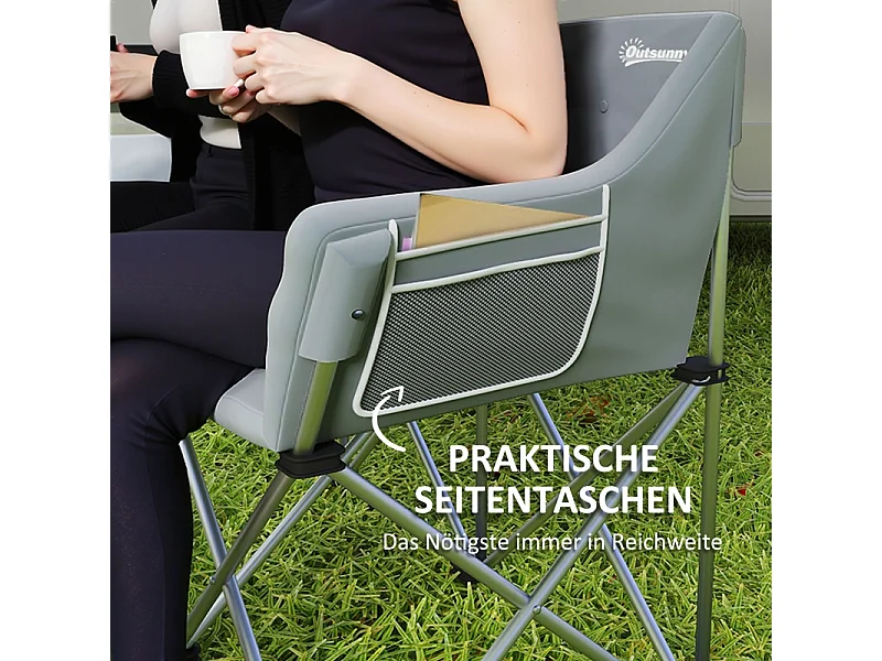 Silla plegable de 2 plazas con reposabrazos y bolsillos laterales, de metal y tela Oxford 600D, color gris, para jardín y camping (120x57x95cm)