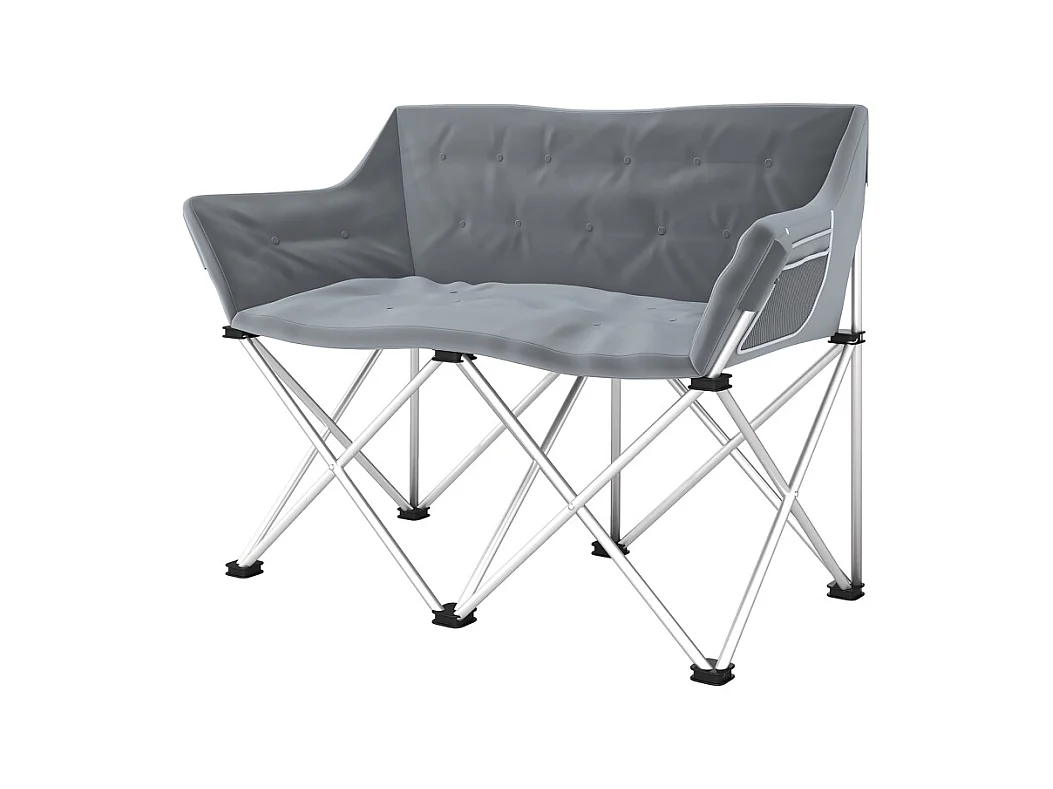 Chaise pliante 2 places avec accoudoirs et poches latérales, métal et tissu Oxford 600D, gris, pour jardin et camping (120x57x95cm)