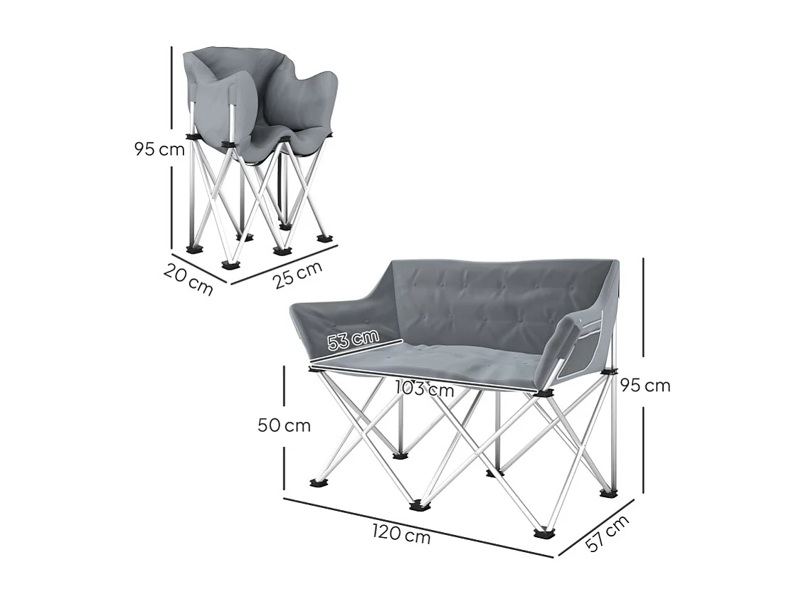 Sedia pieghevole a 2 posti con braccioli e tasche laterali, in metallo e tessuto Oxford 600D, grigia, per giardino e campeggio (120x57x95cm)