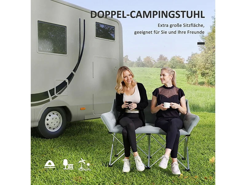 Sedia pieghevole a 2 posti con braccioli e tasche laterali, in metallo e tessuto Oxford 600D, grigia, per giardino e campeggio (120x57x95cm)