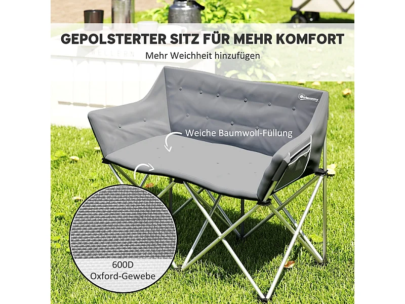 Sedia pieghevole a 2 posti con braccioli e tasche laterali, in metallo e tessuto Oxford 600D, grigia, per giardino e campeggio (120x57x95cm)
