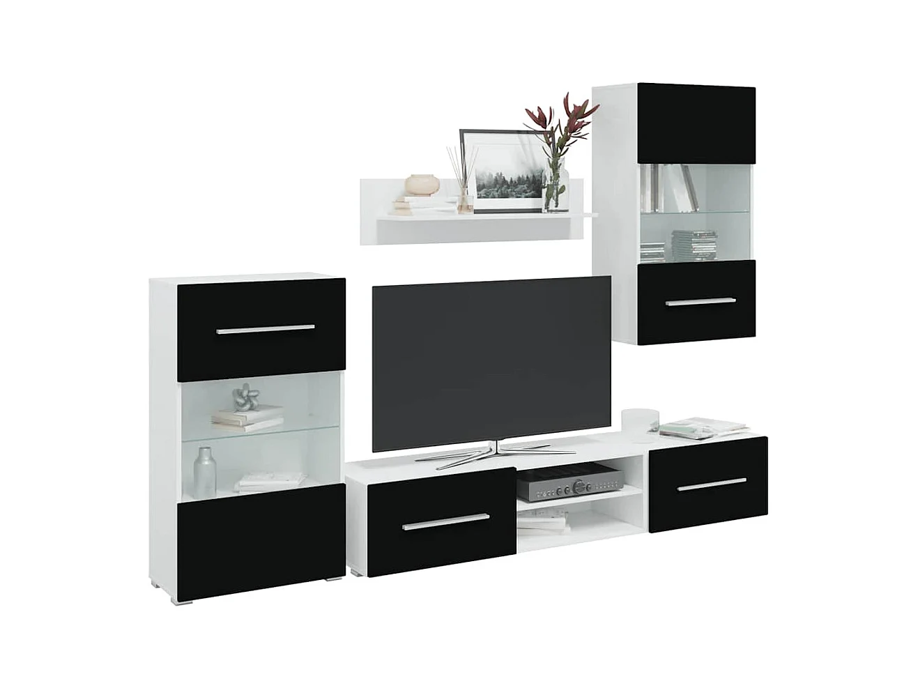 Mueble de TV de pared de 5 piezas con iluminación LED Negro