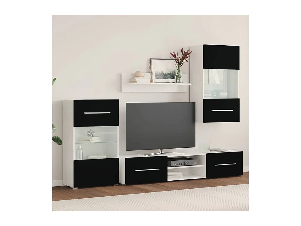 Mueble de TV de pared de 5 piezas con iluminación LED Negro