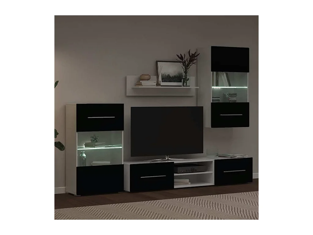Mueble de TV de pared de 5 piezas con iluminación LED Negro