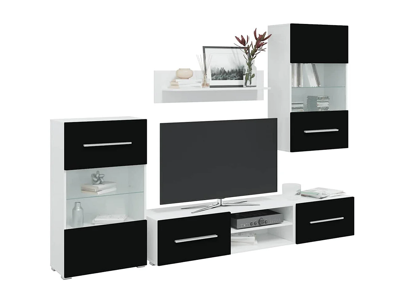 Mobile TV da parete 5 pezzi con illuminazione LED Nero