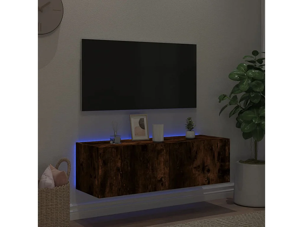 Mueble de TV de pared con luces LED roble ahumado 100x35x31 cm