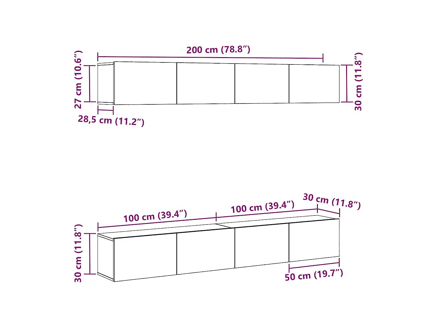 Ensemble meuble TV 4 pièces - Fixé au mur en chêne noir