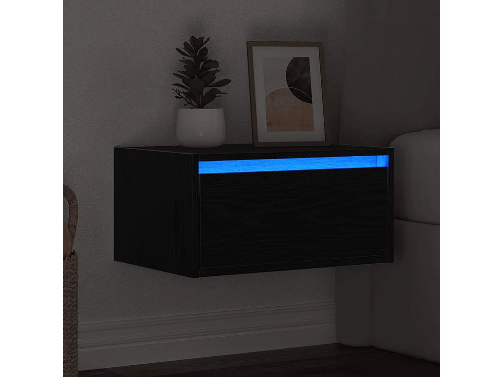 Table de chevet murale avec lumières LED chêne noir