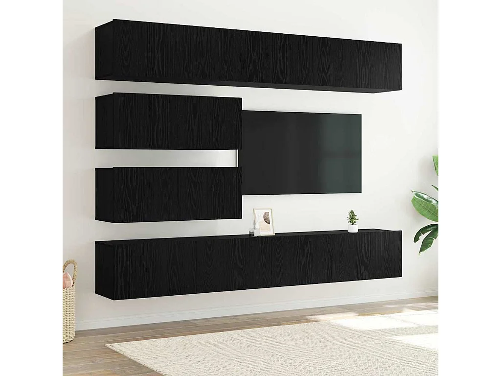 Set di 10 mobili TV in laminato nero e rovere - da parete