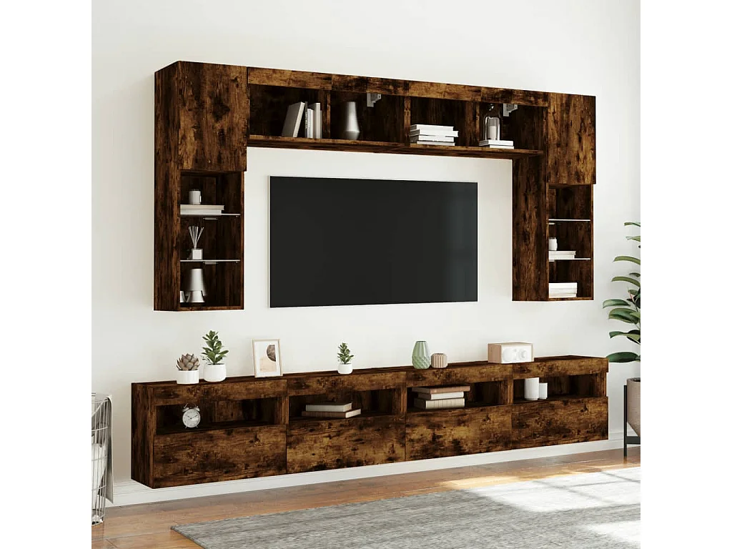 Mueble de TV de pared con luces LED, roble ahumado, 60x30x40 cm
