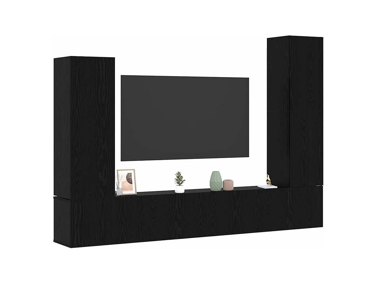 Ensemble de meubles TV mural 4 pièces en chêne noir et bois d'ingénierie.