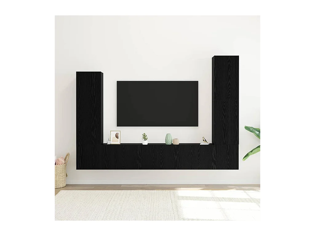 Ensemble de meubles TV mural 4 pièces en chêne noir et bois d'ingénierie.