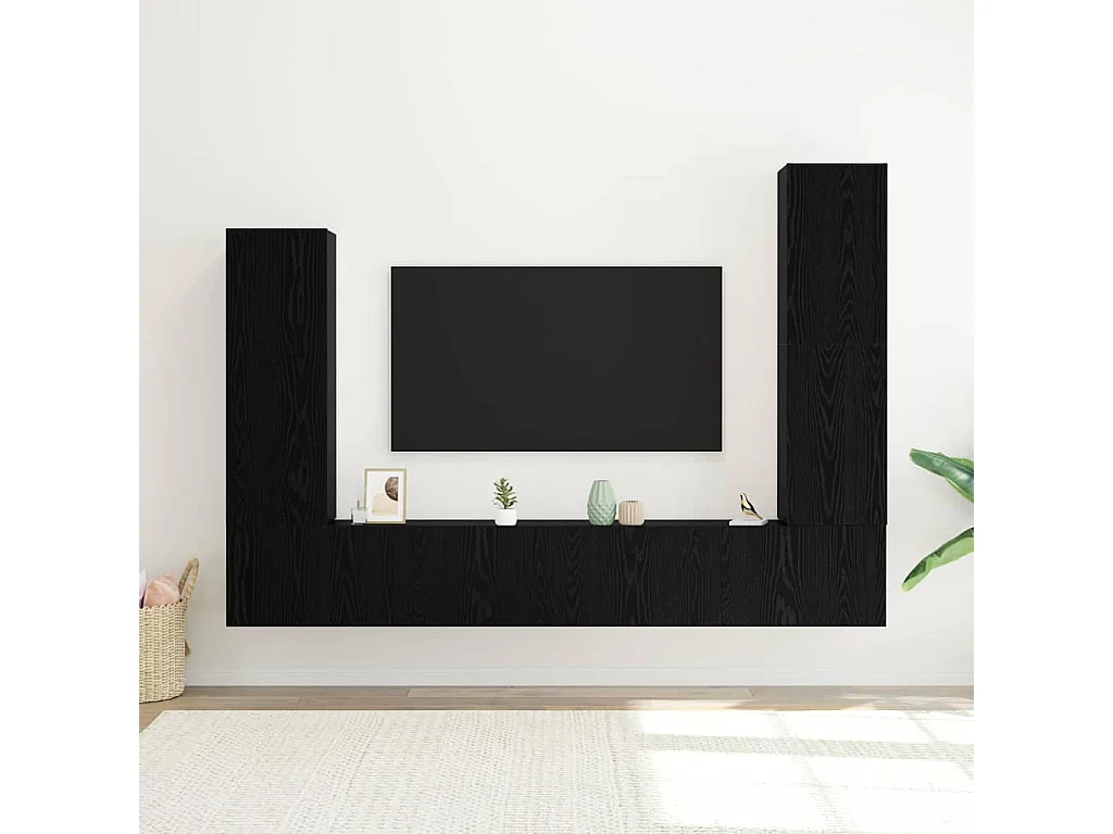 Ensemble de meubles TV mural 4 pièces en chêne noir et bois d'ingénierie.