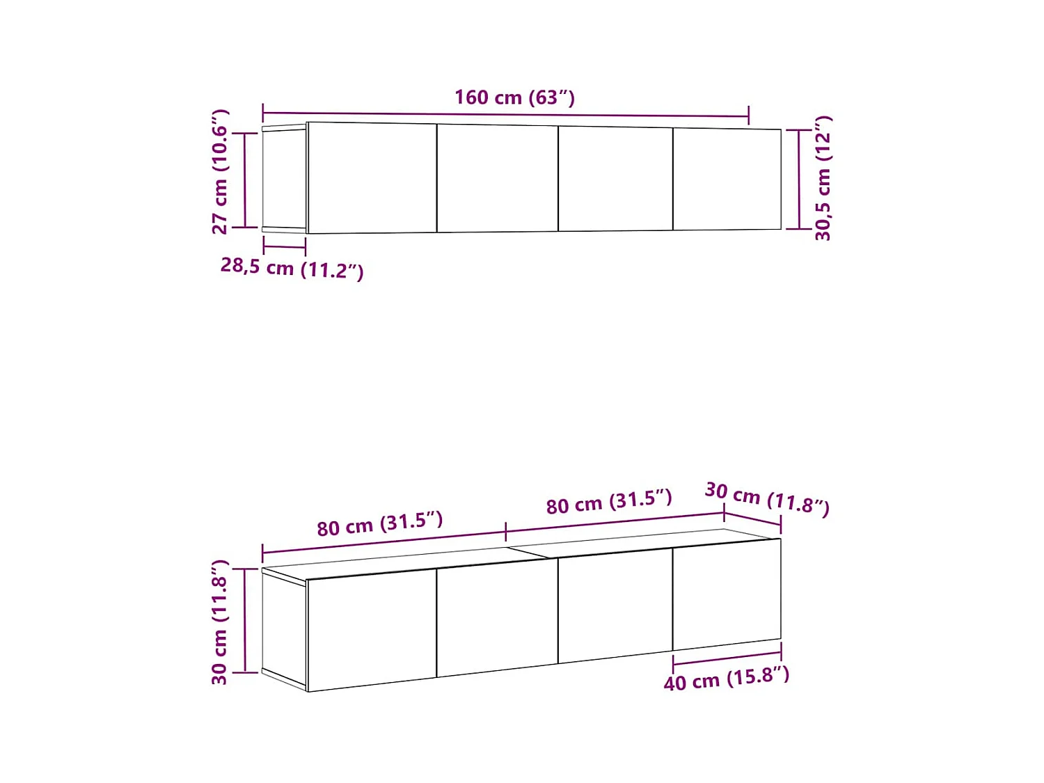 Ensemble de meuble TV mural 4 pièces en chêne noir