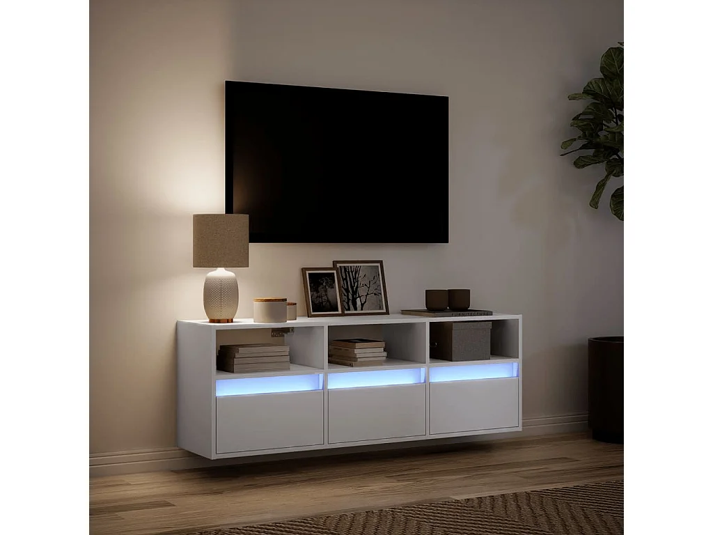 Mobile porta TV a parete con luci LED, bianco, 130x31x45 cm