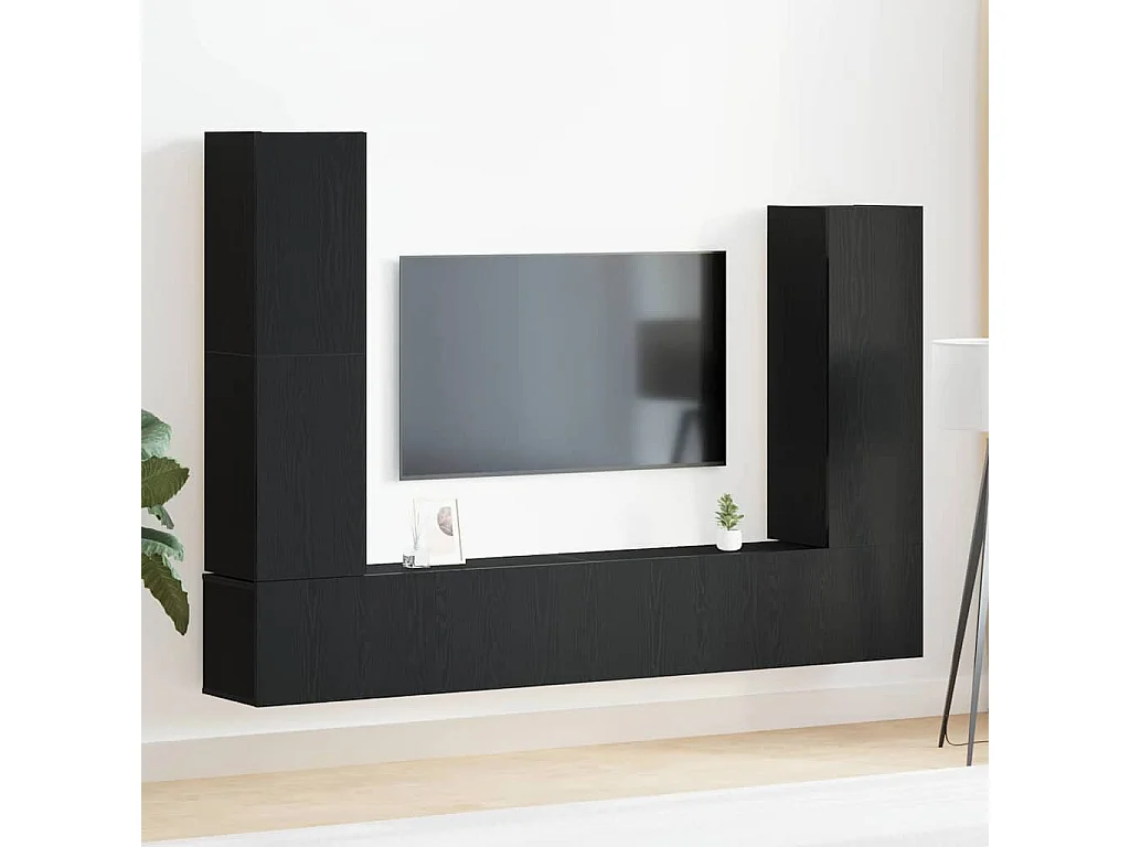 4-teiliges TV-Wandschrank-Set, Schwarz und Eiche