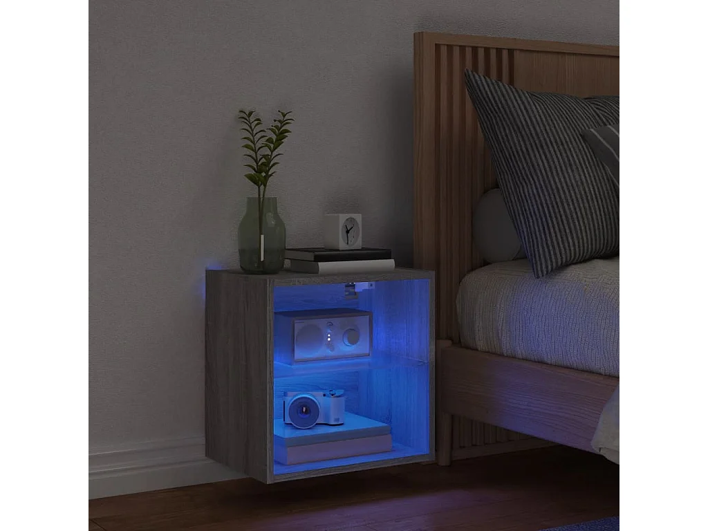 Nachttisch zur Wandmontage mit LED-Leuchten, Sonoma, Grau
