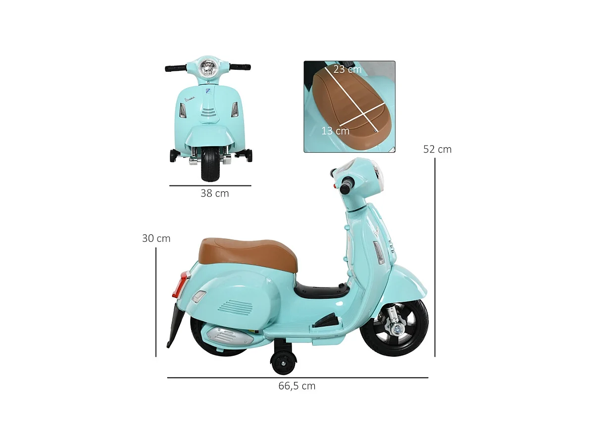 Scooter électrique pour enfants, design authentique, métal, bleu-vert, avec phares et klaxon (66.5x38x52cm)