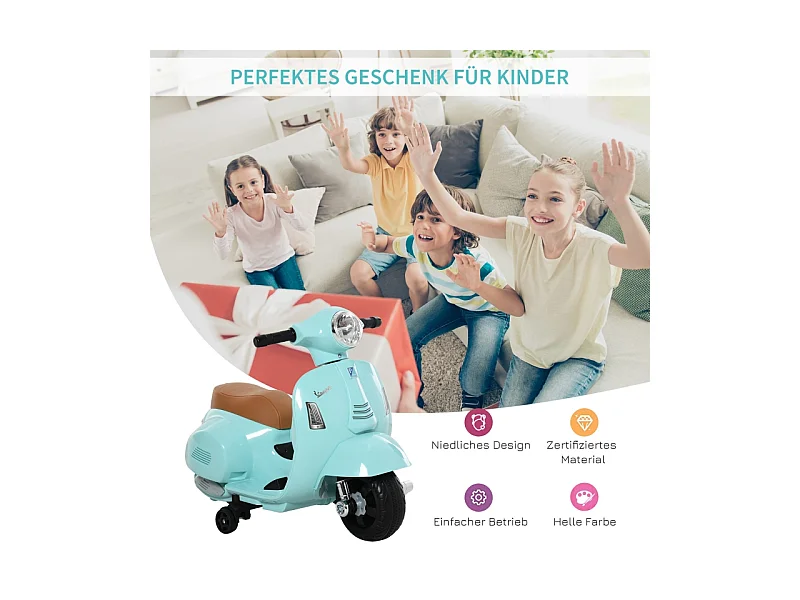 Scooter électrique pour enfants, design authentique, métal, bleu-vert, avec phares et klaxon (66.5x38x52cm)