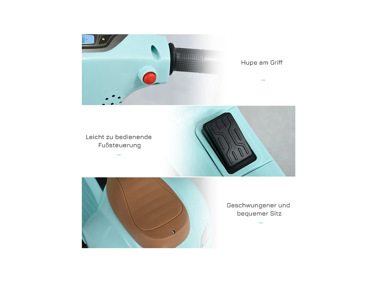 Scooter électrique pour enfants, design authentique, métal, bleu-vert, avec phares et klaxon (66.5x38x52cm)