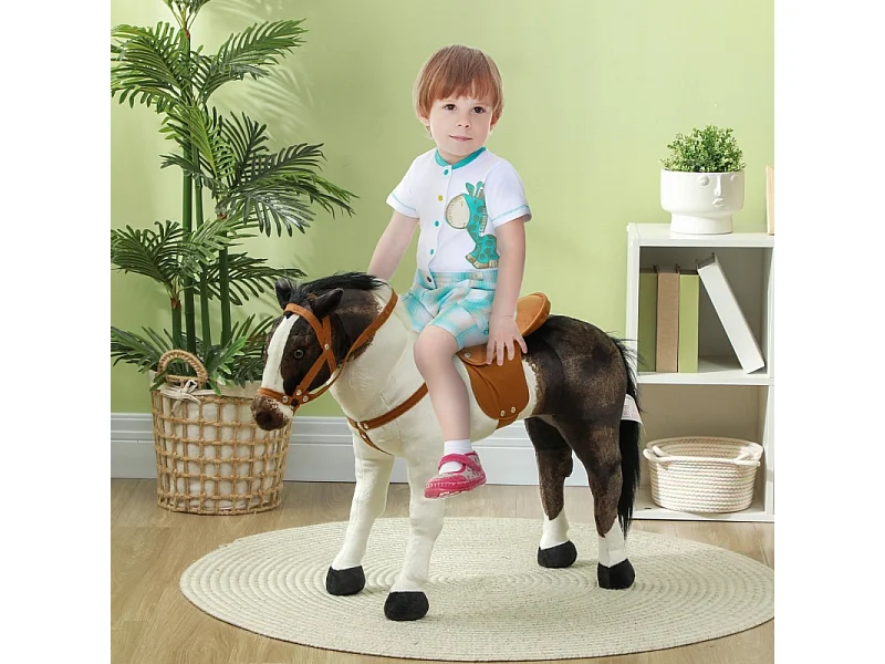 Cavallo a dondolo con funzione sonora, design realistico, metallo e poliestere, marrone e crema (85x28x60 cm)