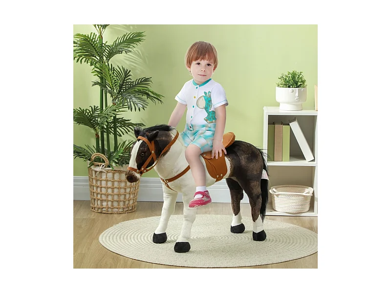 Schommelpaard met geluidsfunctie, realistisch design, metaal en polyester, bruin en crème (85x28x60 cm)