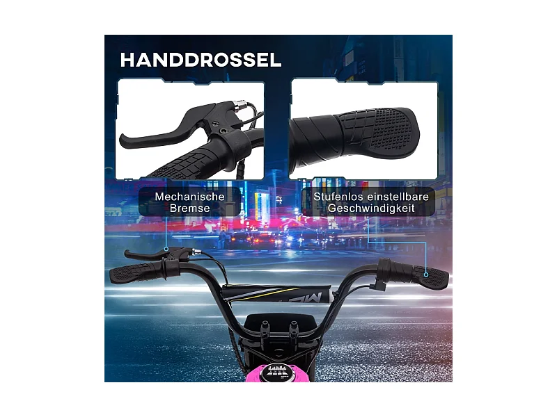 Moto électrique pour enfants, 24V avec klaxon, éclairage et accélérateur à poignée, métal, rose (119x64x76.5 cm)