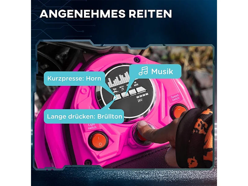 Moto électrique pour enfants, 24V avec klaxon, éclairage et accélérateur à poignée, métal, rose (119x64x76.5 cm)