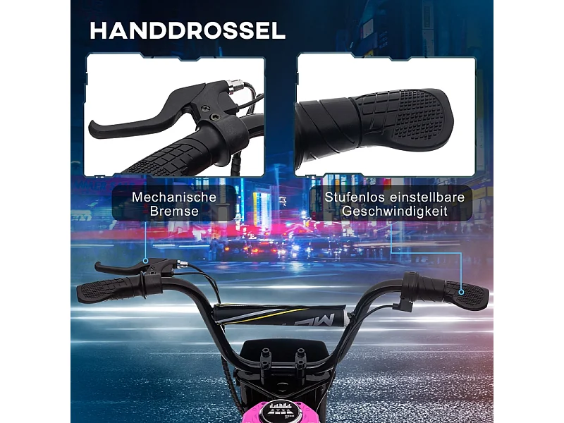 Moto électrique pour enfants, 24V avec klaxon, éclairage et accélérateur à poignée, métal, rose (119x64x76.5 cm)