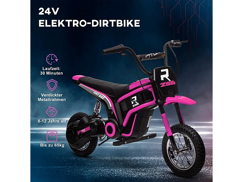 Moto électrique pour enfants, 24V avec klaxon, éclairage et accélérateur à poignée, métal, rose (119x64x76.5 cm)