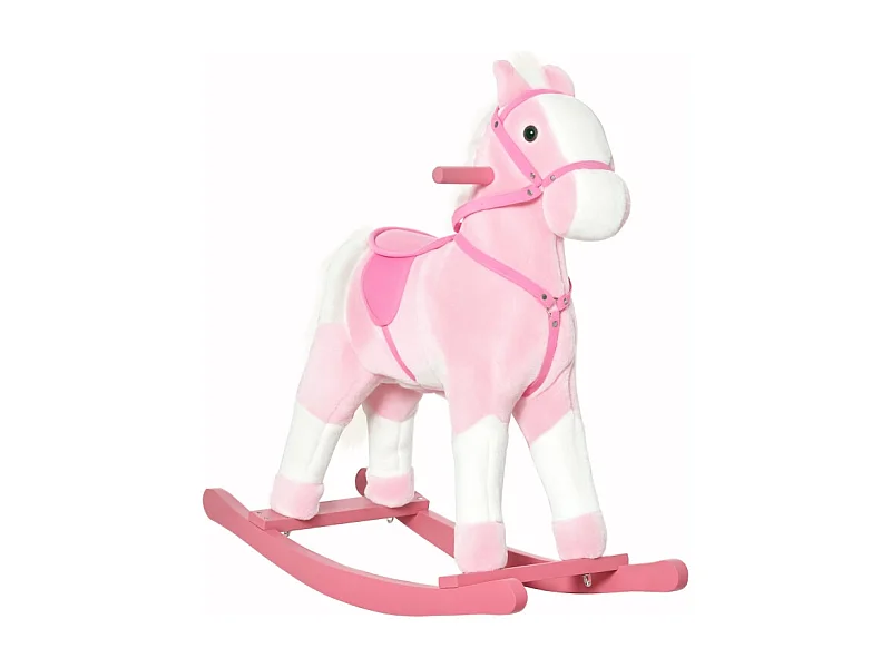 Kinderschommelpaard, klassiek design met geluid, hout, roze (74x28x65cm)