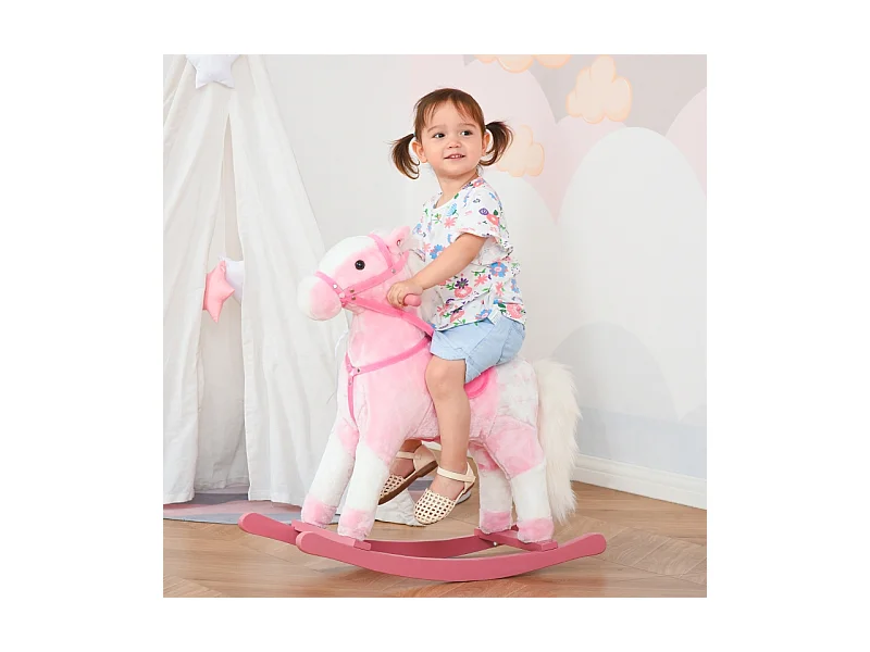 Cheval à bascule pour enfants, design classique avec son, bois, rose (74x28x65cm)