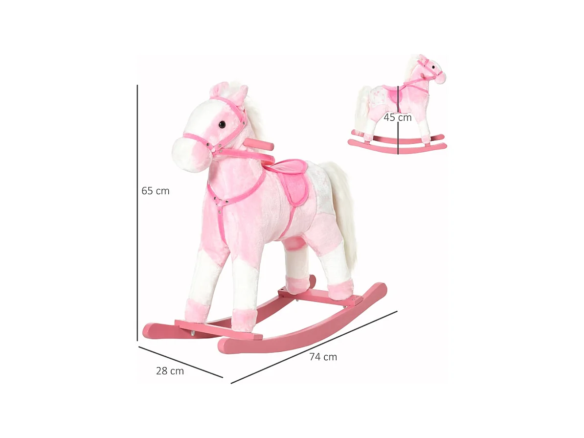 Cheval à bascule pour enfants, design classique avec son, bois, rose (74x28x65cm)
