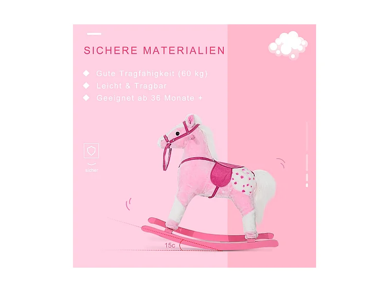 Cheval à bascule pour enfants, design classique avec son, bois, rose (74x28x65cm)