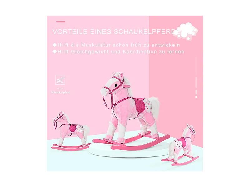 Cheval à bascule pour enfants, design classique avec son, bois, rose (74x28x65cm)
