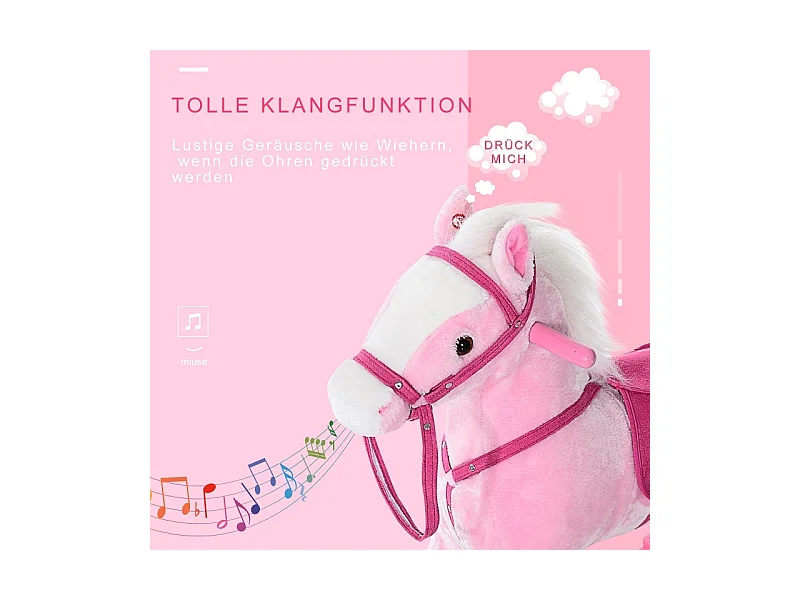 Cheval à bascule pour enfants, design classique avec son, bois, rose (74x28x65cm)