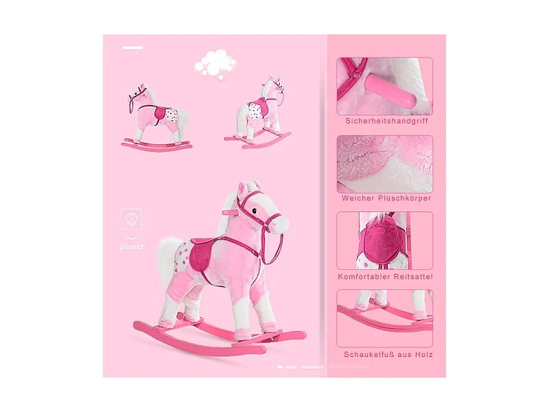 Cheval à bascule pour enfants, design classique avec son, bois, rose (74x28x65cm)