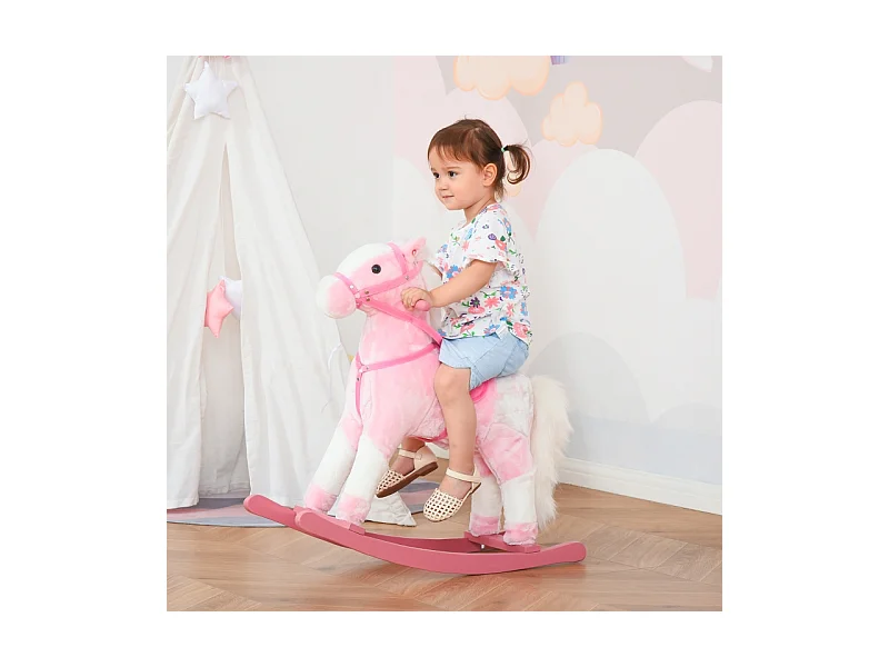 Cheval à bascule pour enfants, design classique avec son, bois, rose (74x28x65cm)