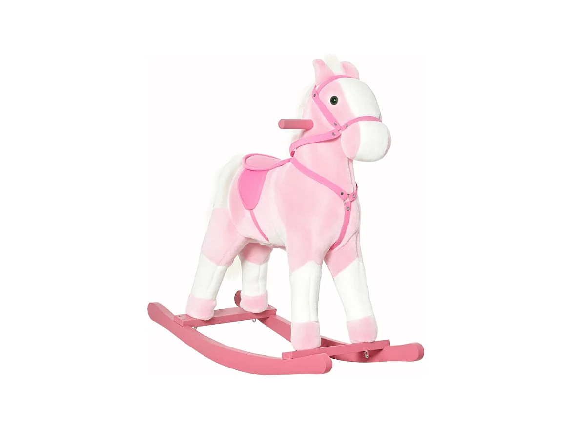 Kinderschommelpaard, klassiek design met geluid, hout, roze (74x28x65cm)