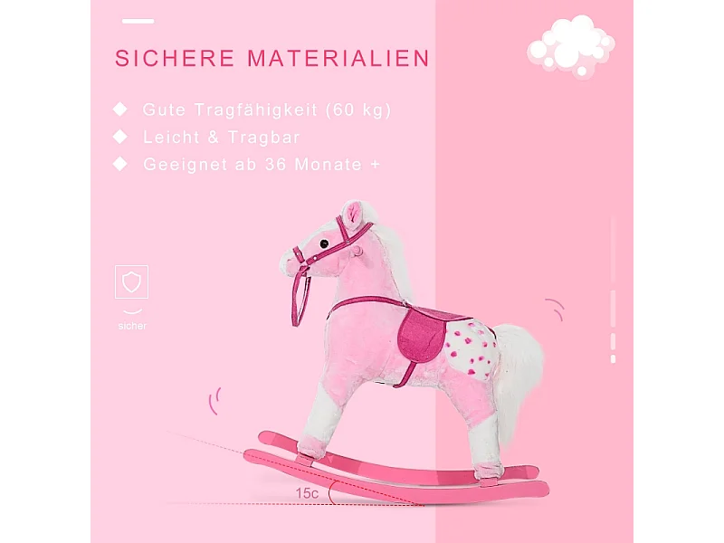 Kinderschommelpaard, klassiek design met geluid, hout, roze (74x28x65cm)