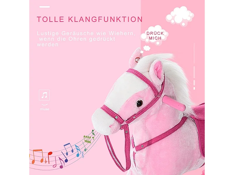 Kinderschommelpaard, klassiek design met geluid, hout, roze (74x28x65cm)