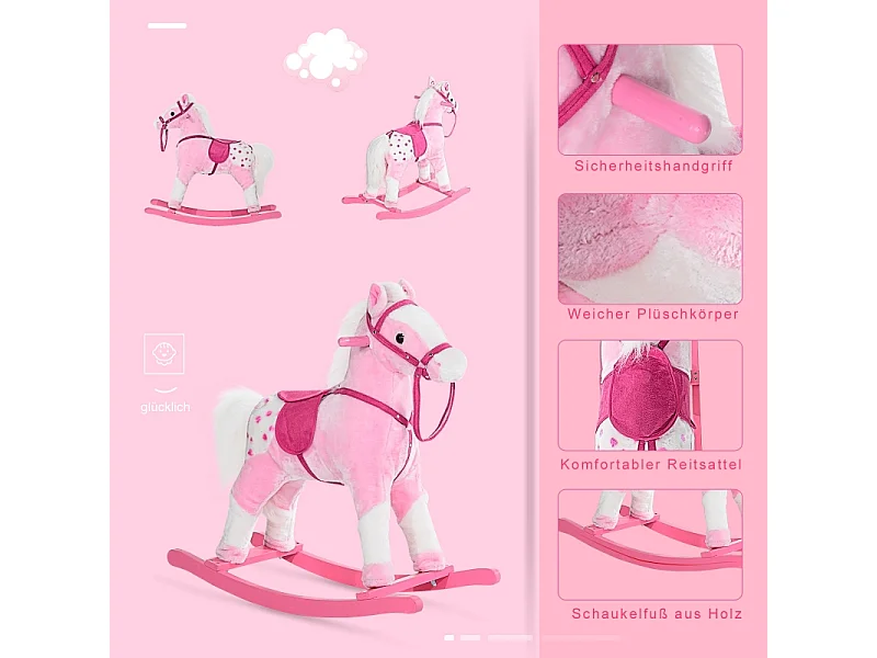 Kinderschommelpaard, klassiek design met geluid, hout, roze (74x28x65cm)