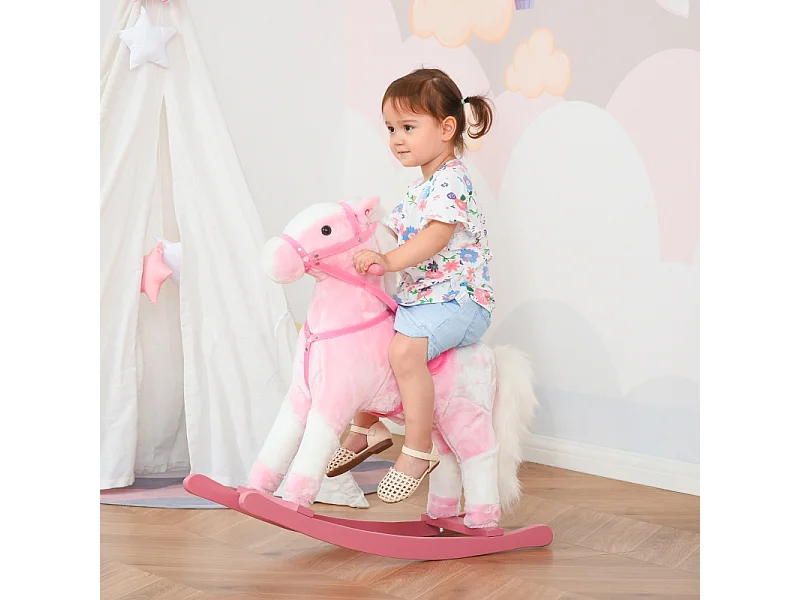 Kinderschommelpaard, klassiek design met geluid, hout, roze (74x28x65cm)