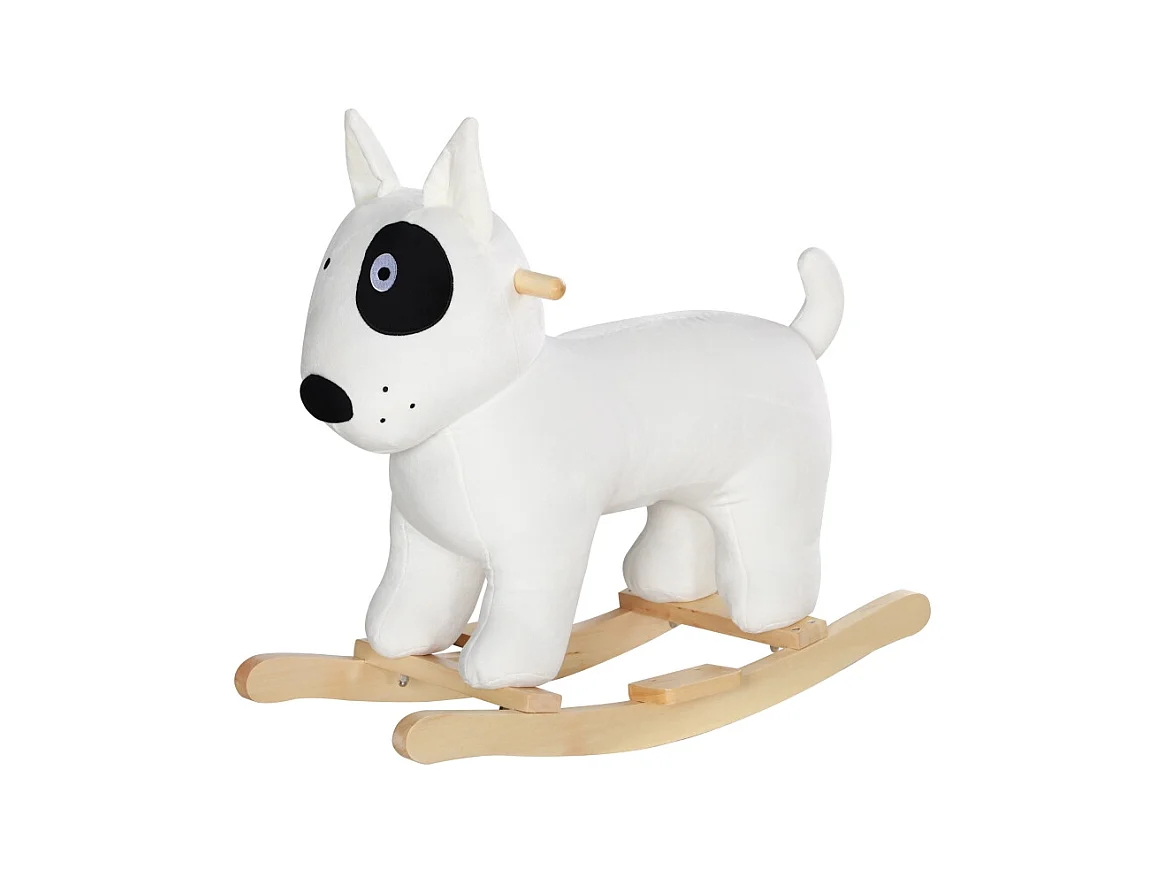 Schommelpaard in de vorm van een hond met geluidsfunctie, gemaakt van hout en metaal, met pluche bekleding, wit (67x32,5x60cm)