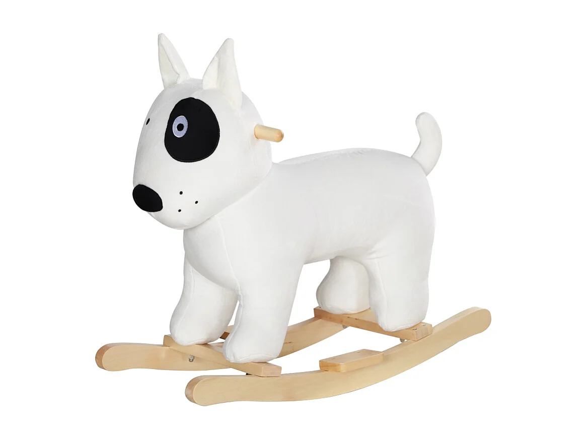 Schommelpaard in de vorm van een hond met geluidsfunctie, gemaakt van hout en metaal, met pluche bekleding, wit (67x32,5x60cm)