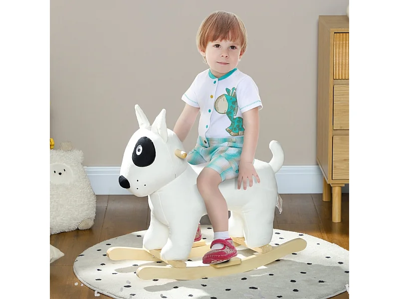 Schommelpaard in de vorm van een hond met geluidsfunctie, gemaakt van hout en metaal, met pluche bekleding, wit (67x32,5x60cm)